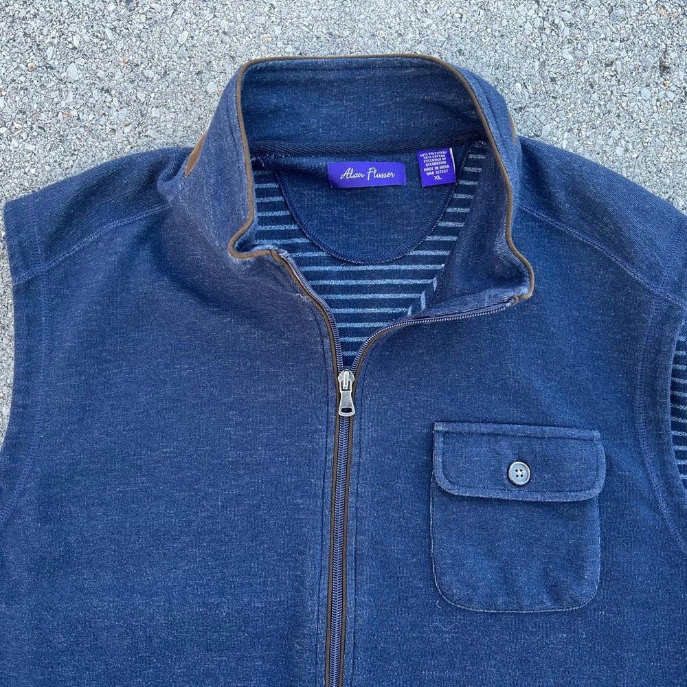 Alan Flusser Sweater Style Vest Full Zip Blue Front Pocket Adult Size XL